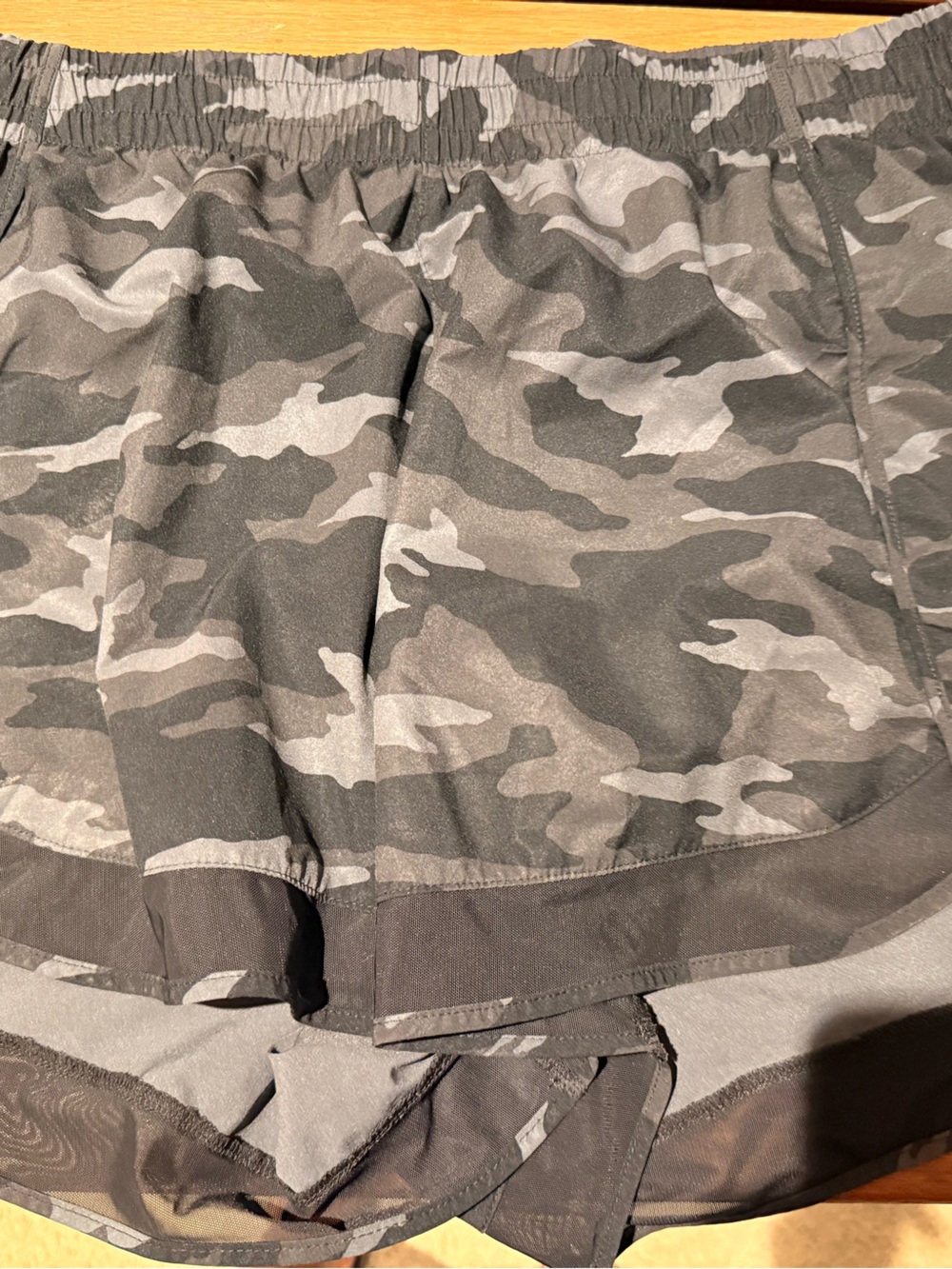 Athleta Black & Gray Camo Mesh Racer Shorts